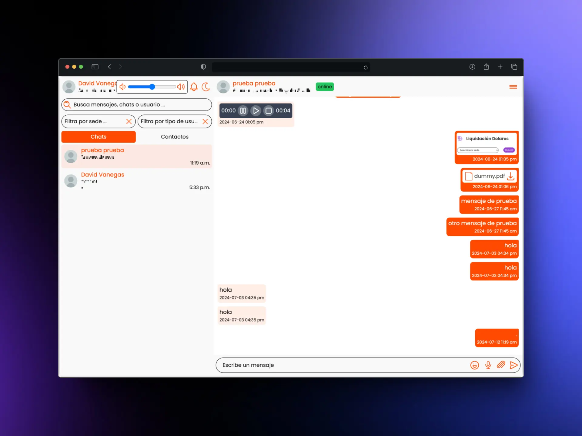 Previsualización del chat empresarial con envío de archivos, audios e imágenes