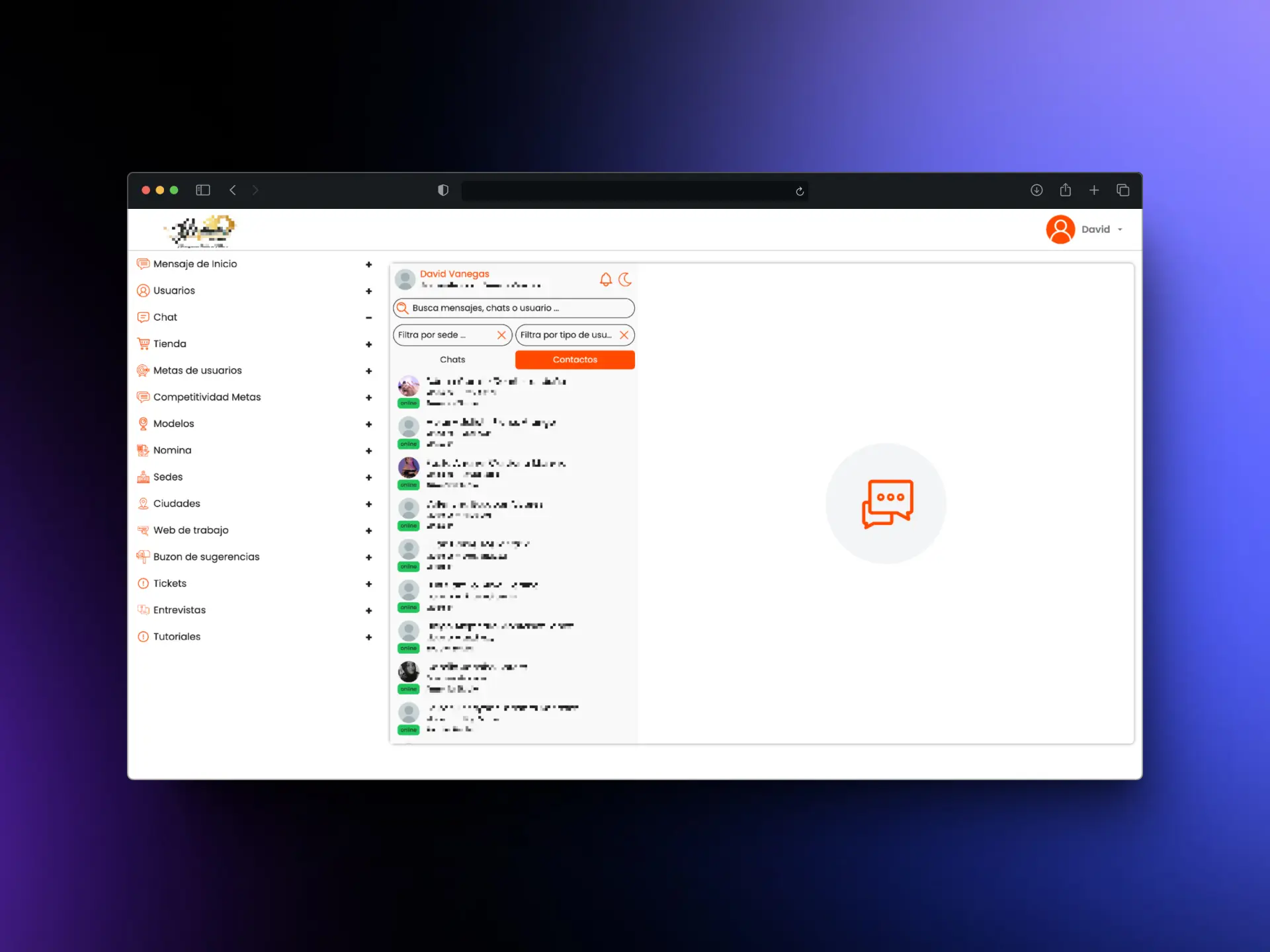 Previsualización de la integración del chat en la plataforma de gestión empresarial